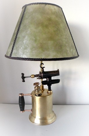 A one ofa kind lamp made with an old plumber's torch atThe Lamp Repair Shop. inSouth Portland, Maine.